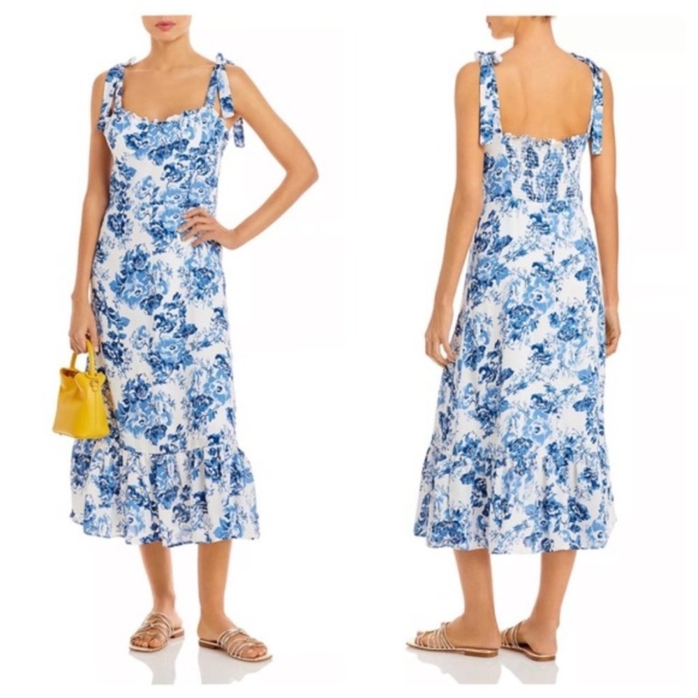 AQUA Toile De Jouy Midi Dress Floral Print Smocked Milkmaid Cottagecore Coquette